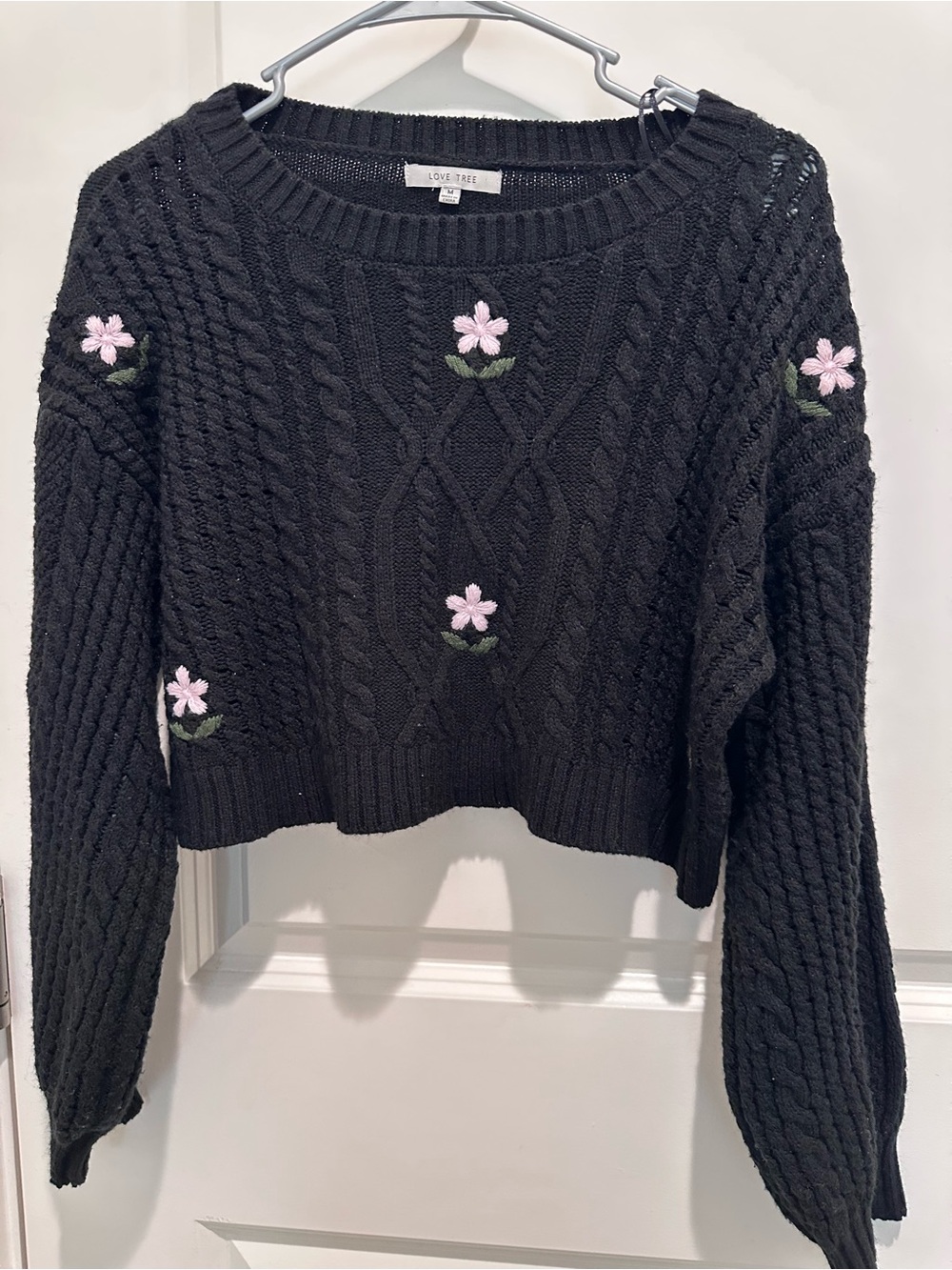 Love Tree Black Cable-Knit Cropped Sweater with Pink Floral Embroidery
